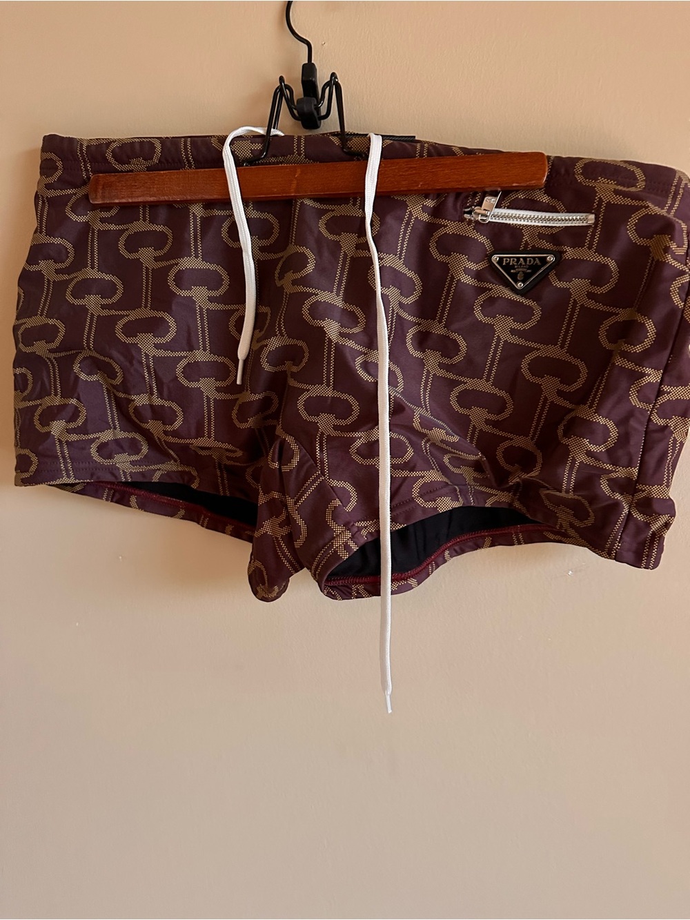 Prada Maroon Geometric Logo Swimming Shorts with White Drawstring